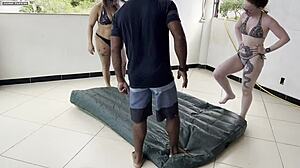 Two juicy milfs need help inflating mattress so talented guy licks their swollen pussies?