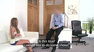 fake agent fucks tanned brunette model on sofa