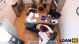 hot redhead seals loan deal by seducing manager with tight body in office