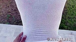 big booty santana red drops to knees for outdoor blowjob on huge cock