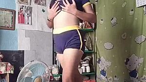 Petite asian teen dances sexy in tight shorts