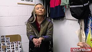 asia lee kneels creamy after jacket slip-up