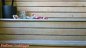 Blonde shemale sissy in lingerie trains balloon fetish slut in sauna