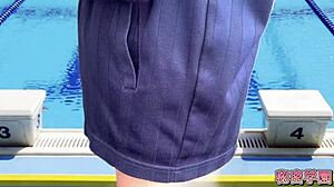 Slutty crossdresser cums in women's swimsuit during secret classroom masturbation orgy!