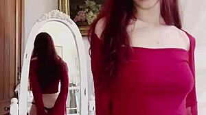 Redhead Doll In Red Lingerie Teases With Dildo On Petite Curves