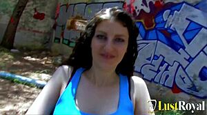 curly teen sabrina's floppy tits bounce in outdoor deep fuck