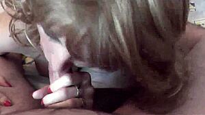 Blonde wife sucks neighbor's huge cock deep then facial blast