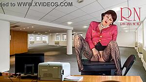 the naked secretary strips in heels and stockings to finger her pussy for the boss