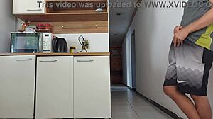 aren't you scared we'll get caught fucking your friend's huge cock bareback in kitchen while hubby's showering??