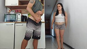 aren't you scared we'll get caught fucking your friend's huge cock bareback in kitchen while hubby's showering??