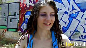 curly teen sabrina's floppy tits bounce in outdoor deep fuck