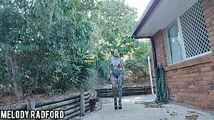 Curvy tattooed milf rips bikini outdoors shaking huge ass in heels pov