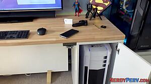 Busty Brit tricked into deepthroating dweeb's cock!