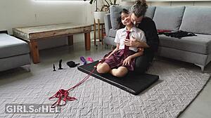 the japanese student writhes bound in tight ropes as toys force her to squirt hard
