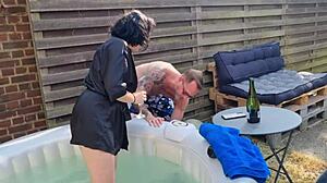 lucky neighbor bends mya lorenn over in garden for deep ass pounding