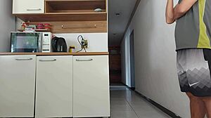 aren't you scared we'll get caught fucking your friend's huge cock bareback in kitchen while hubby's showering??