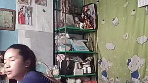 Petite asian teen dances sexy in tight shorts