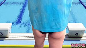 Slutty crossdresser cums in women's swimsuit during secret classroom masturbation orgy!