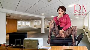 the naked secretary strips in heels and stockings to finger her pussy for the boss