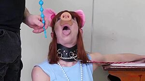 Degraded BDSM Pig Slave Bound and Eating Dom's Ass with Anal Beads