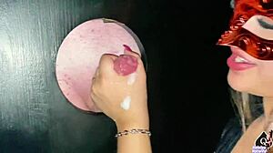 tempted wife slurps stranger cock at gloryhole as cuck watches