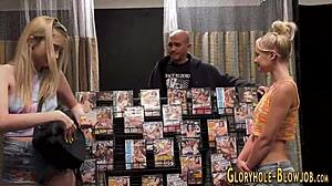 Petite teen blondes share gloryhole duties with eager hands and mouths