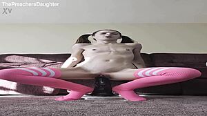 tiny skinny petite teen with small tits small waist narrow ass and juicy wet pussy rides giant horse cock dildo gaping her hole