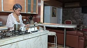 After long day stepsis spreads legs on bed for taboo kitchen fingering scream