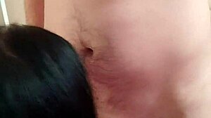 mature girlfriend's shaved deepthroat ends with hot cum swallow from friend