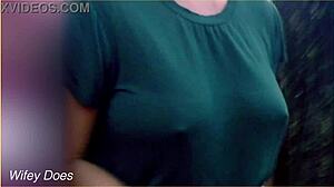 wifey flashes her big milf tits outdoors when stranger asks during public amateur exhibitionist homemade walk