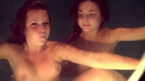 russian lesbian babes splash kiss and grope juicy tits underwater in pool