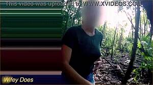 wifey flashes her big milf tits outdoors when stranger asks during public amateur exhibitionist homemade walk