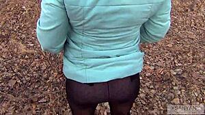 married wife in pantyhose spreads legs outdoors begging for sperm mouthful