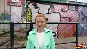 Skinny redhead luciana's tight pussy squirts in german pickup casting