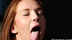 sexy centerfold devours cum facials in wild bukkake blowbang