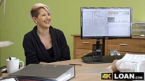 Busty Short Haired Babe Rides Loan Agent Monster Cock Cowgirl Doggystyle Office POV Blowjob