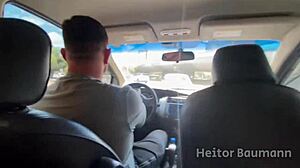Brazilian milf sucks my huge cock in car while husband drives
