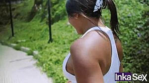 Curvy Peruvian teen Andrea Andrade caught by fake trainer on street