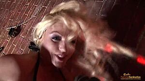 i'm obsessed with this blonde caged in heels for group blowjob cum facial