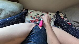 horny solo girlfriend in high socks moans rubbing dildo on small tits pussy pov