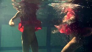 russian lesbian babes splash kiss and grope juicy tits underwater in pool
