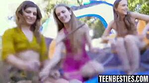 Three Camp Teens Suck Ride Big Cock Doggystyle in Forest Group Fuck