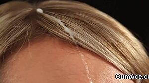 sexy centerfold devours cum facials in wild bukkake blowbang