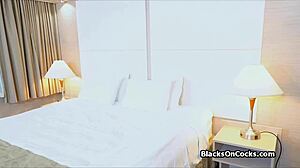 Oiled Ebony Teen Sucks White Cock in Steamy POV