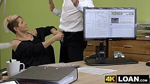 Busty Short Haired Babe Rides Loan Agent Monster Cock Cowgirl Doggystyle Office POV Blowjob