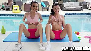 Skinny stepsisters boldly seduce stepcousin mid-yoga stretch