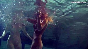 russian lesbian babes splash kiss and grope juicy tits underwater in pool