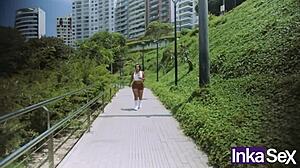 Curvy Peruvian teen Andrea Andrade caught by fake trainer on street