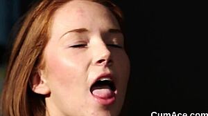 sexy centerfold devours cum facials in wild bukkake blowbang