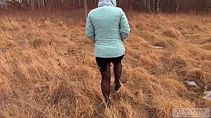 married wife in pantyhose spreads legs outdoors begging for sperm mouthful